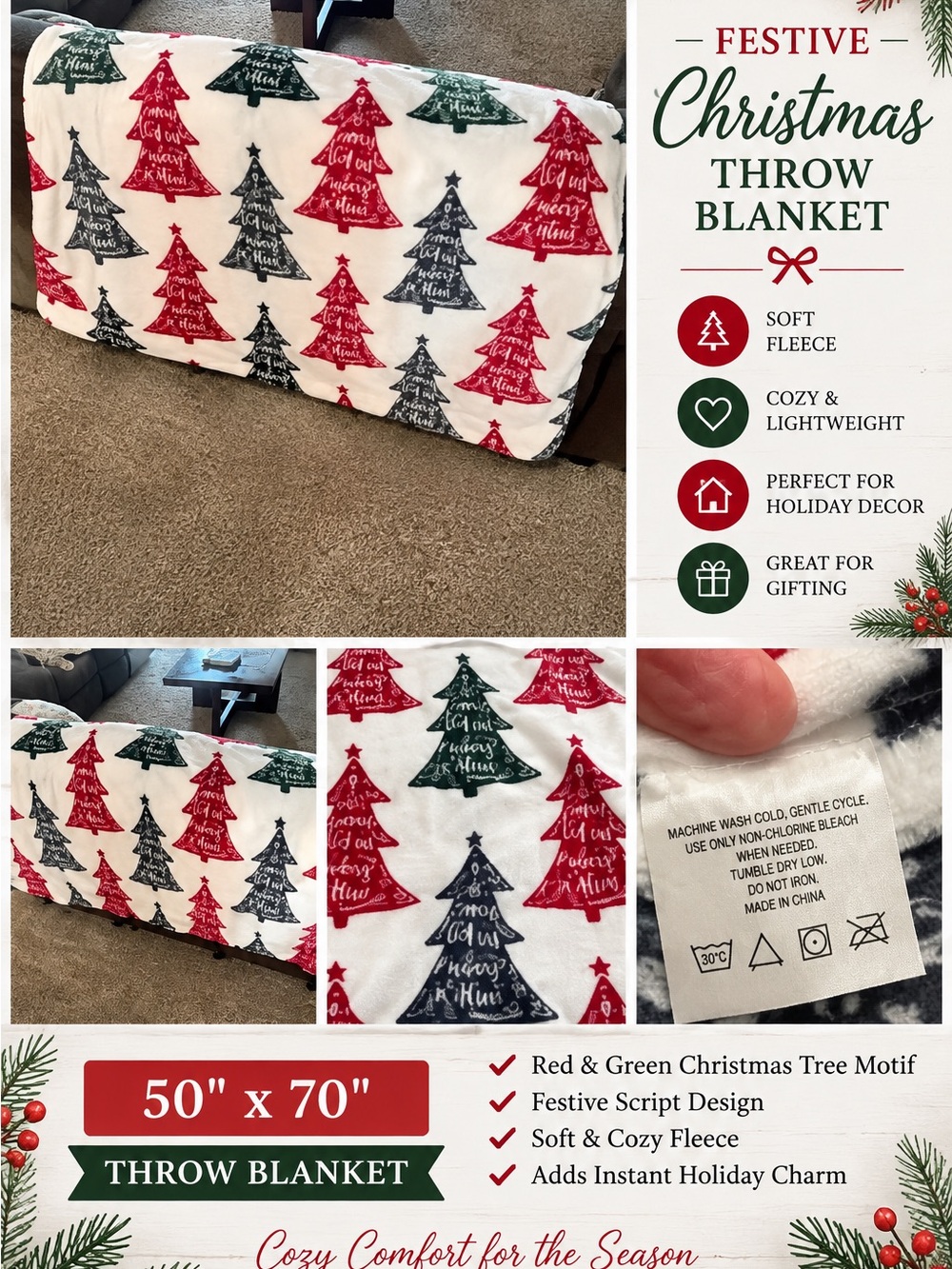 50x70 Festive Fleece Holiday Throw Blanket - Red & Green